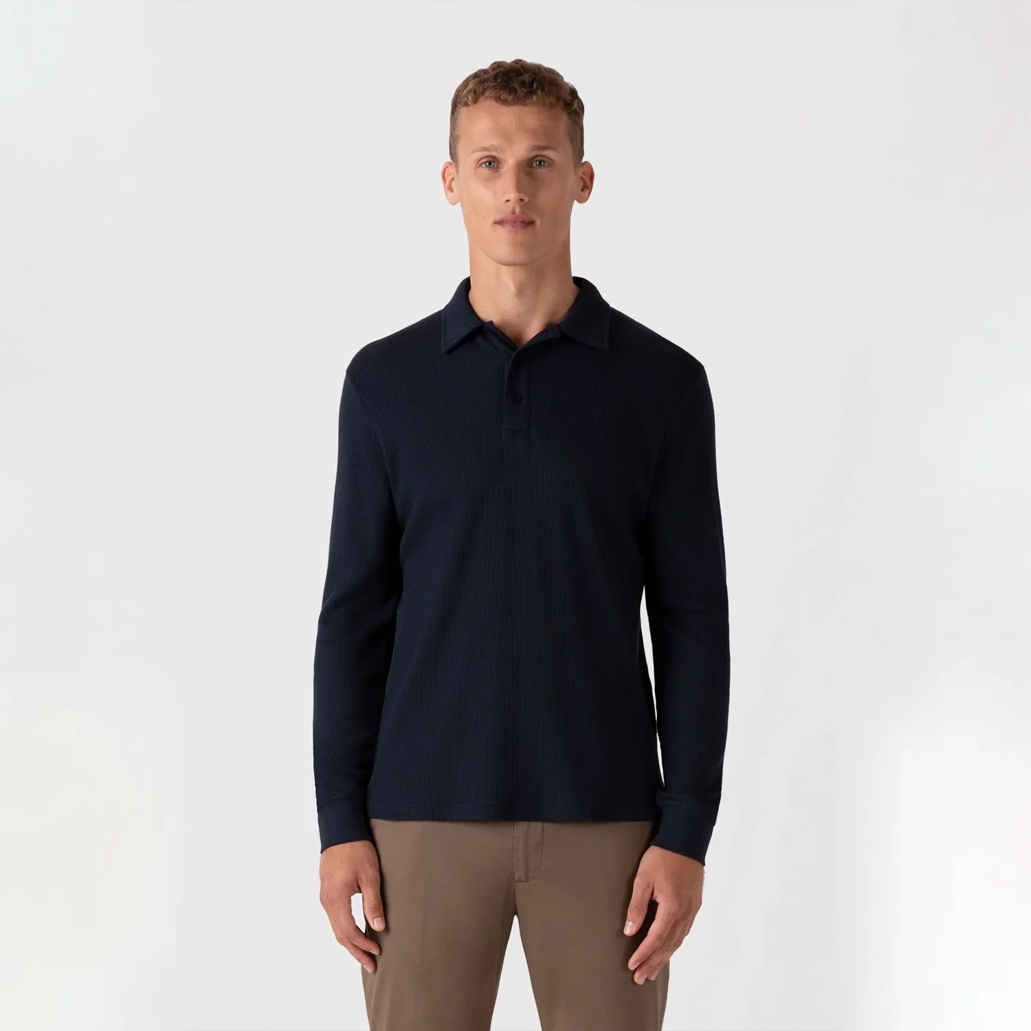 Long Sleeve Waffle Polo Shirt - Navy - Image 2