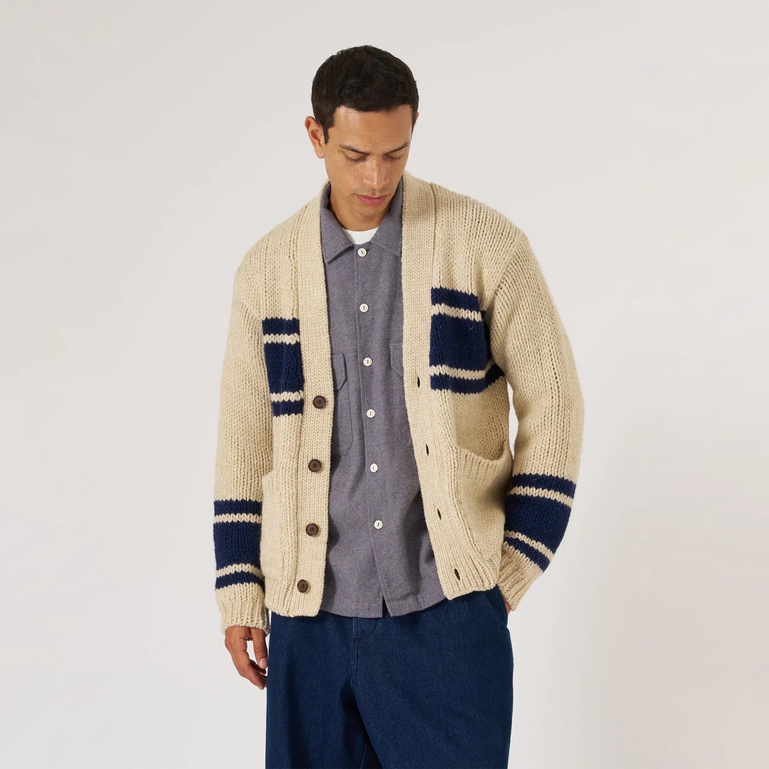 Langdale Cardigan - Chunky Knit Stripe Sand - Image 3
