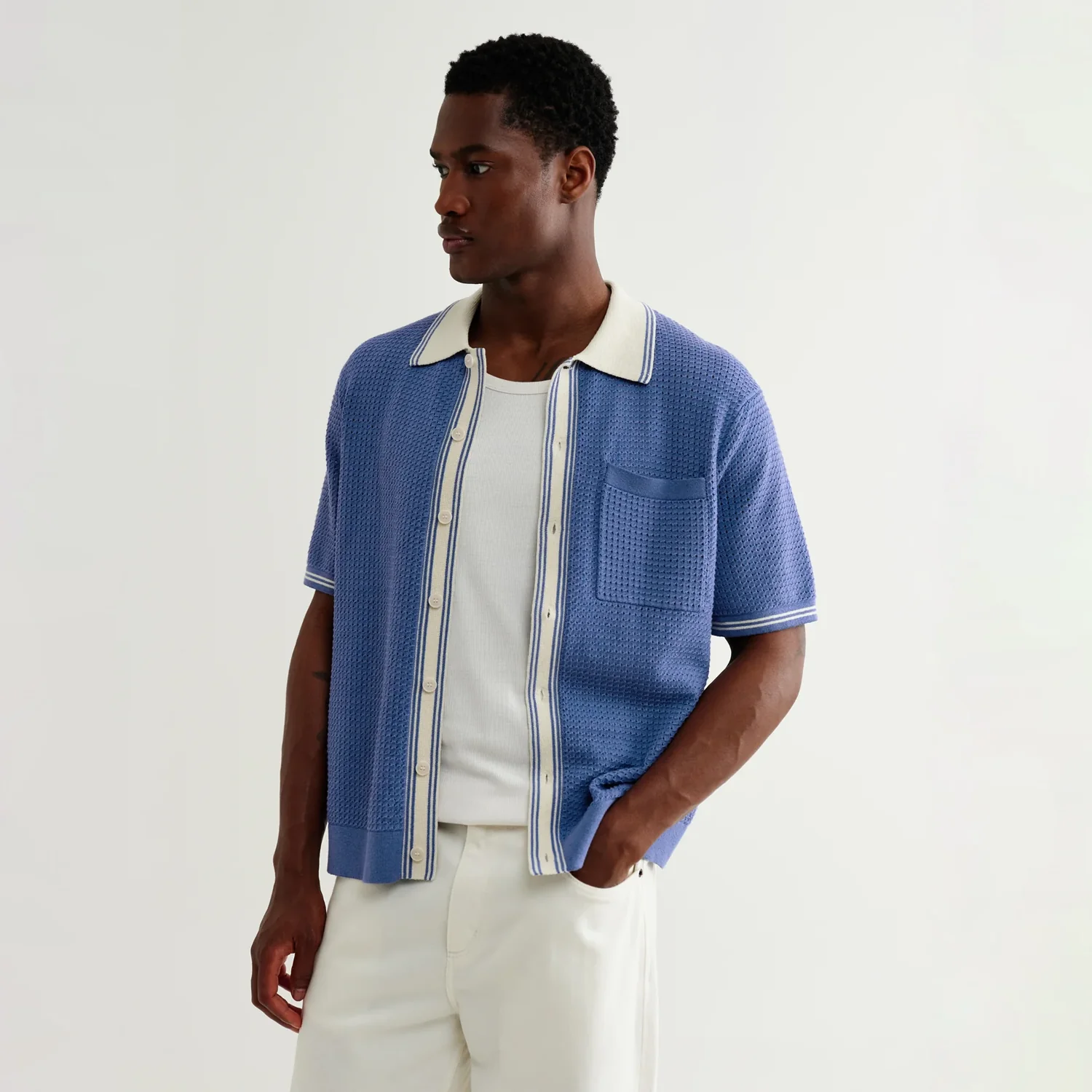 Belle SS shirt Tipped Pointelle - Blue / Ecru - Image 3