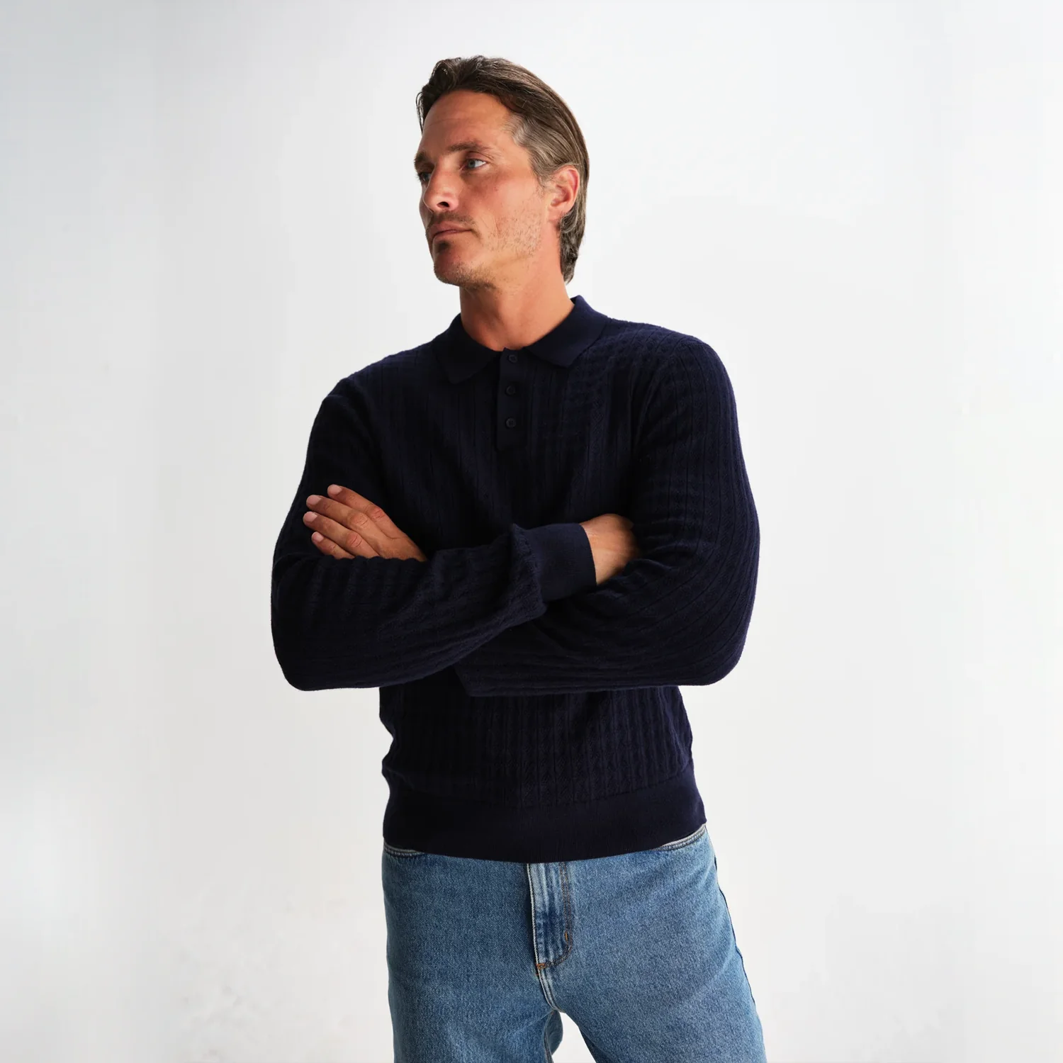 Oban - Navy Diamond Stripe Knitted Polo - Image 3